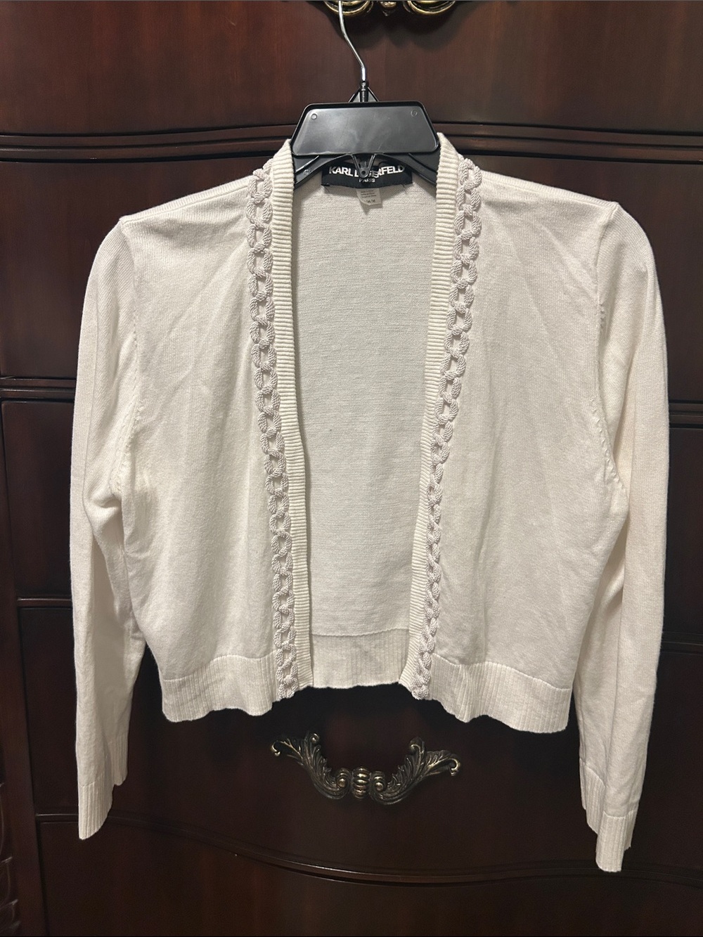 Karl Lagerfeld Cream Open-Front Braided-Trim Cardigan
